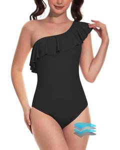 lot 14177 image: Beautikini Period Swimwear One Piece Menstrual Leakproof Swimsuit One Shoulder Ruffle Bathing Suits for Girls Teens Black XL
