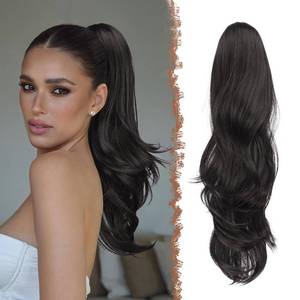 lot 14221 image: FESHFEN Drawstring Ponytail Extension, Natural Long Wavy Layered Synthetic Pony Tails Natural Black Hair Extensions Hairpieces for Women, 20 inch