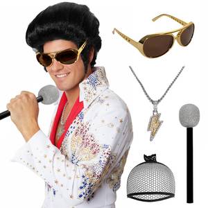 lot 14225 image: lipmo 5pcs Set 50s 60s Rock Legend Wig Costume with Sunglasses Simulated Microphone and Necklace for Cosplay Halloween Disco Party or Fun