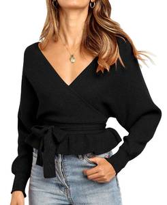 lot 14246 image: ZESICA Womens Fall 2025 Wrap V Neck Long Batwing Sleeve Belted Waist Ruffle Knitted Sweater Pullover Top,Black,Medium