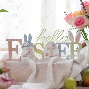 lot 14254 image: NIKKY HOME Wooden Easter Bunny Sign, Easter Decor for Table, Cute Rabbit Shaped Holiday Decor, Bunny Decorations Centerpiece for Home Mantel Shelf Decorations