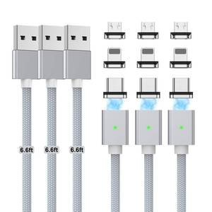 lot 14256 image: CNakdDG Magnetic Charging Cable 3A Fast Charging(3 Pack,6.66.66.6ft) 3 in 1 Magnetic Phone Charger with LED Light, Nylon Braided, for USB-CMicro-USB Device (Silver, 6.66.66.6ft)
