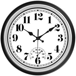 lot 14266 image: JENLYSTIME 12 Inch IndoorOutdoor Retro Waterproof Wall Clock with Thermometer Silent Round Quartz Battery Operated Easy to Read Decorative for Kitchen Patio,Bathroom,Deck,Porch,Pool(Silver)