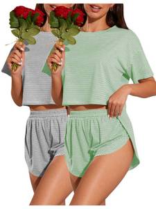 lot 14275 image: OYOANGLE 2 Pack Summer Pajama Set for Woman Striped Short Sleeve Tshirt and Split Shorts Cute PJ Sets Loungewear Light Green Grey Medium
