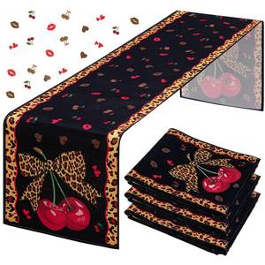 lot 14277 image: Lumina Garden 3 Pcs Cheetah and Cherry Linen Table Runner 13 x 72 Red and Black Leopard Print Tablecloth Red Lips Reusable Table Cover for Birthday Baby Shower Bridal Shower Wedding Party Favors