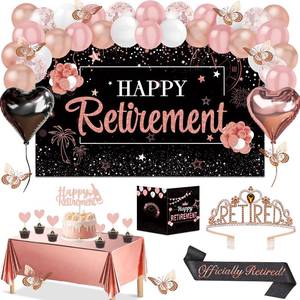 lot 15510 image: 52Pcs Retirement Party Decorations Women with Retirement Sash and Crown,Banner, Balloons Arch, Butterfly Decor, Cake Toppers, Tablecloth, Greeting Card, Happy Retire Decorations Favors