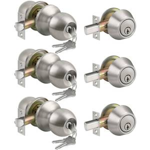 lot 15512 image: BESTTEN 3 Pack Keyed Alike Exterior Door Knobs and Single Cylinder Deadbolts Combo Set, Satin Nickel Entry Door Knobs with Locks and Keys for Entrance and Front Door