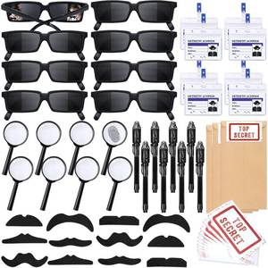 lot 15534 image: SNLN Spy Detective Party Favors Birthday Supplies for Kids Detective Glasses Invisible Ink Pen Magnifying Glass Pass Card Envelope Fake Mustache Sticker Boys Goodie Bag Stuffer Filler Classroom Prizes