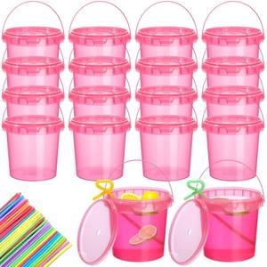 lot 15553 image: Funnymoom 16 Pack 32 oz Plastic Rum Buckets for Drinks with Straws Ice Cream Cocktail Bucket with Lids and Handles Reusable Food Containers Cup for Parties Summer Beach Bar Beer (Rose Pink)