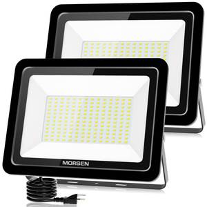 lot 15557 image: MORSEN 200W Flood Light Outdoor Plug in - 20000LM 5000K LED Flood Light, IP66 Waterproof, UL Listed Daylight Security Lights for Garden, Yard, Garage, Stadium, 2 Pack