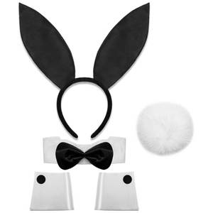 lot 16366 image: U-Goforst Women Bunny Costume Accessories Set, White and Black Bunny Ears Headband Collar Bow Tie Costume Cuffs Rabbit Tail for Adult Halloween Party