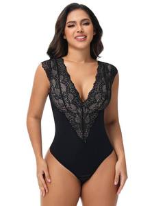 lot 16372 image: SHAPERIN Sexy Lace Bodysuit for Women Tummy Control Thong Shapewear Deep V Neck Body Suits Corset Tops Going Out Tank Top Black XL