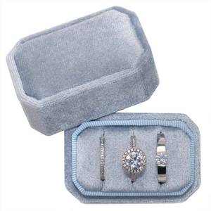 lot 16383 image: Beatilog Octagonal Rectangle Velvet Ring Box 3 Slots - Premium Handmade Wedding Three Rings Bearer Holder Vintage Orthogon Jewelry Storage for Ceremony Proposal Engagement (Blue)