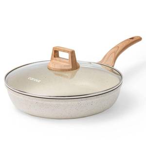 lot 16406 image: CAROTE 8 Inch Non Stick Frying Pan with Lid,White Granite Nonstick Skillet Omelet Pans, Egg Pan Granite Cookware, PFOS & PFOA Free