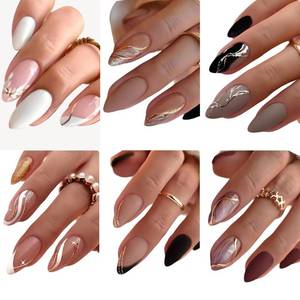 lot 16414 image: 144Pcs Press on Nails Medium Almond Fake Nails French Tip False Nails with Designs Stick on Nails Full Cover Acrylic Nail for Women Manicure 6 Packs