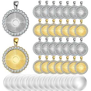 lot 16419 image: Hicarer 48 Rhinestone Bezel Pendant Trays 24 Pcs Gold Silver 25 mm Round Bezel Trays Blank Pendant Bases with 24 Transparent Glass Cabochons for Photo Making Crafts Wedding Jewelry Gifts