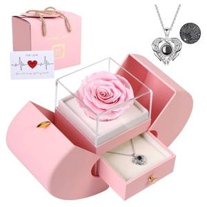 lot 16436 image: Preserved Real Pink Rose with I Love You Necklace 100 Languages, Gifts for Girlfriend, Women, Mom, Wife, Gifts Idea on Christmas, Valentines Day, Mothers Day, Birthday, Anniversary, Thanksgiving