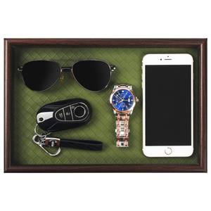 lot 16480 image: Zosenley Wooden Valet Tray with Leather Base - Nightstand Catchall Organizer for Cologne, Perfume, Keys, Wallet, Phone, Watch, Jewelry & Sunglasses (Green)