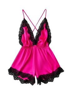lot 16494 image: WDIRARA Womens 2023 Satin Teddy Lingerie Lace Deep V Backless Sleeveless Romper Sleepwear Hot Pink S