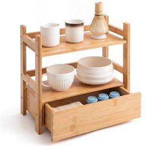 lot 17415 image: Chunful 2 Tier Matcha Station Bamboo Organizer with Hidden Drawer, Wood Home Coffee Station Organizer for Kitchen Countertops, Coffee Bars, Kitchen & Office Storage(13 L x 6.5 W x 12.6 H)(Natural)