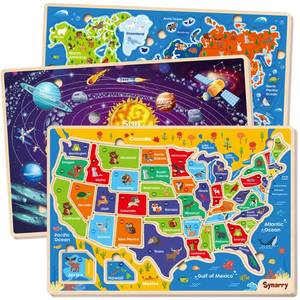lot 17428 image: SYNARRY Large USA World Solar System Wooden Puzzles for Kids Ages 4-6, Wood Jigsaw Puzzles Educational Games Toys Gifts for Toddlers, Learning United States World Space Maps for Boys Girls Ages 3-8