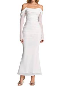 lot 18148 image: KUTUMAI Off Shoulder Long Sleeve Maxi Dress Corset Bodycon Ruched Cocktail Formal Wedding Guest Dresses for Women White XS