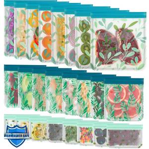 lot 18150 image: 24 Pack Dishwasher Safe Reusable Bags Silicone, Leakproof Reusable Freezer Bags for Food Storage, Home Organization, Travel & Make-up, BPA-Free for Salad and Fruit
