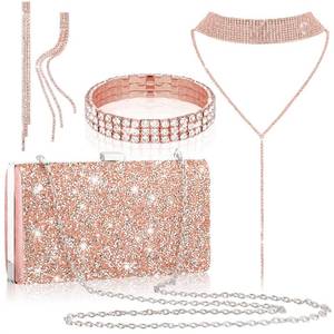 lot 18181 image: Kigeli 4 Pcs Purse Rhinestone Jewelry Set Wedding Bling Evening Clutch Bag Diamond Necklace Earring Bracelet Women Accessory(Rose Gold)