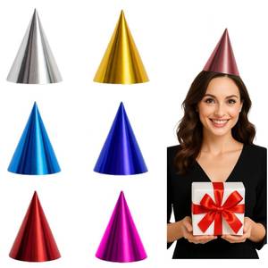 lot 18183 image: Fvumhlaoog 21PCS Pre-Assembled Metallic Party Hats Cone Hats for Kids & Adults Colorful Birthday Party Hats Metallic Foil BlueblueGoldSilverHot PinkRed