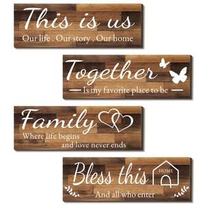 lot 18199 image: 4 Pieces Home Wall Signs, THIS IS USTOGETHERBLESS THIS HOMEFAMILY Wall Decor For Living Room Bedroom, Rustic Wooden Farmhouse Wall Art , 4.7 x 13.8 Inch(Brown)