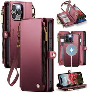 lot 18209 image: Defencase for iPhone 15 Pro Max Magnetic Wallet Case Compatible with Magsafe with RFID Blocking Zipper Strap Card Holder for Women, PU Leather Detachable Case for iPhone 15 Pro Max (6.7), Wine Red