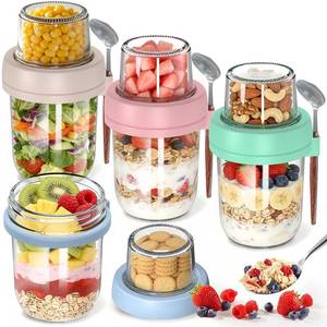 lot 3874 image: 4 Pack Overnight Oats Containers with Lids and Spoons, 20 oz (164) Overnight Oats Jars, Glass Mason Jars with Dry and Wet Separation for Oatmeal Salad Yogurt, Dual-Layer Yogurt Containers with Lids