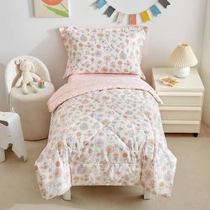 lot 3896 image: DuShow Floral 4 Piece Girls Toddler Bed Comforter Set Pink Flower Reversible Toddler Bedding Set Soft Baby Crib Bed Sheets Set in a Bag  Include Quilt Comforter,Flat Sheet,Fitted Sheet,Pillowcase
