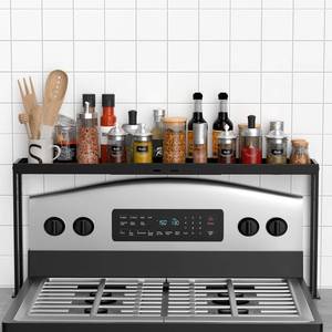 lot 3915 image: BOIVSHI Stove Top Shelf, Kitchen Over Shelf for Stove, Stove Spice Rack for Top, Adjustable 27-33inch, Fits Various Stove Lengths, Kitchen Spice Organizer, Condiments and BBQ Sauces, Black