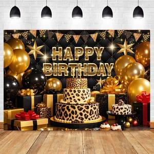 lot 4015 image: CapiSco Happy Birthday Backdrop for Leopard Theme Birthday Party Decorations, Glitter Black Gold Leopard Cake Background for Party Photography, Black Golden Shining Party Decor Banner 10x6.5ft