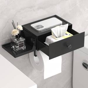 lot 4052 image: Lifewit Toilet Paper Holder with Shelf and Drawer, Screw or Adhesive Wall Mount Tissue Roll Storage, Dustproof and Flushable Bathroom Wipes Dispenser Organizer, Black, 1 Pack