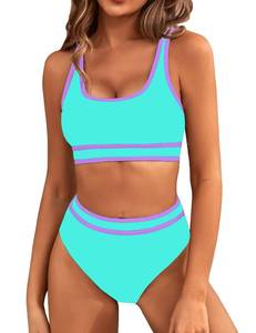 lot 4062 image: BMJL Womens Tummy Control Swimsuit High Waisted Two Piece Bikini Sets Athletic Color Block High Cut Swimwear(L,Sport Blue)