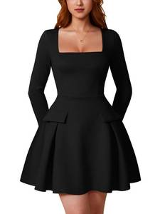 lot 4065 image: XXTAXN Womenfts Sexy Corest Long Sleeve Square Neck Ruffle Pleated Wedding Guest A Line Mini Dress Black XL