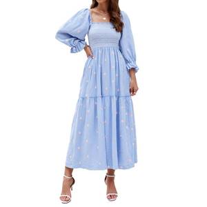 lot 4081 image: ABYOVRT Women Floral Embroidered Maxi Dress Long Puff Sleeve Square Neck Bohemian Flowy Dress with Pockets Summer Fall (Light Blue,L)