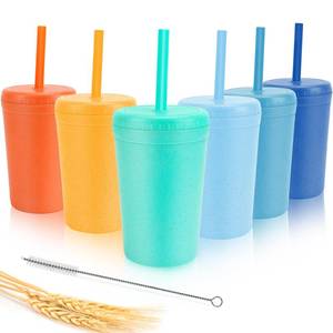 lot 4117 image: 10 oz Wheat Straw Cups with Lids and Silicone Straws, Unbreakable Drinking Glasses, Plastic Cups for Kitchen, Small Tumbler Cups with Cleaning Brush, BPA Free, Dishwasher and Microwave Safe, 6 Pack