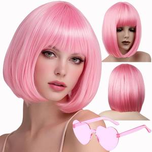 lot 4125 image: VCAY Bob Wig, 12 Inch Short Pink Bob Wig with Bangs,Straight Cosplay Wig,Heat Resistant,Adjustable Straps Wigs for Women Girl with Wig Cap