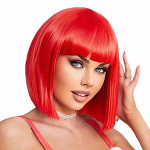 lot 4130 image: YOUNIGA Red Bob Wig With Bangs 12 Inch Short Synthetic Fiber Bob Wigs for Women Short Bob Wigs and Halloween Cosplay Wig for Daily Life Colorful Wigs With One Cap (Red)