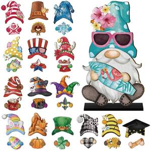 lot 4132 image: Blulu 34 Pcs Interchangeable Wooden Gnome Decor Easter Spring Gnomes Welcome Sign Holiday Seasonal Tiered Tray Decor with Magnet Pieces for Summer Gifts Decorations (Retro Watercolor)