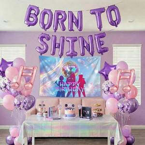 lot 4165 image: Purple pink Balloon Arch Garland Kit with backdrop Tablecloth Musical symbols Star �born to shine� letter mylar balloons for kpop music Birthday Decorations Y2K Movies fans Prom Party Supplies