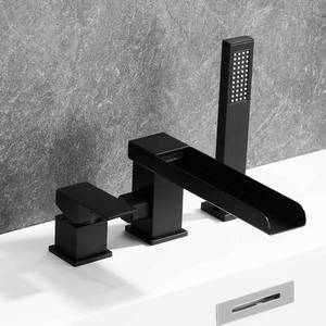 lot 5020 image: Roman Bathtub Faucet Set with Handheld Sprayer, Deck Mount Bath Faucet with Waterfall Tub Spout, 3-Hole Split Widespread Bathtub Filler with Valve,Brass,Matte Black
