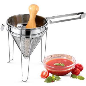 lot 5021 image: Feekoon Stainless Steel Chinois Strainer with Stand and Wooden Pestle Set, China Cap Strainer for Tomato, Berry, Fruit, Egg, Soup and Other Canning Jam Making Supplies, 15.35 x 7.67 x 7.28 inch