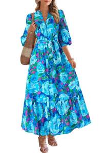 lot 6002 image: MASCOMODA Womens Floral Maxi Dresses Boho Summer Casual V Neck 34 Puff Sleeve Button Down Tie Waist Long Flowy Shirt Dress(Floral Blue,Large)