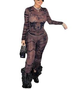lot 6289 image: THLAI Womenfts See Through Mesh Bodycon Two Piece Sets Sexy Print Long Sleeve Clubwear size S