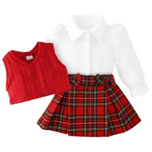 lot 6292 image: ChuYuKu Baby Girl Clothes Fall Winter Outfits Puff Sleeve Shirt Tartan Pleated Skirt Cute Vest Set Toddler Girl Dress Holiday Red-b Size 3-4T