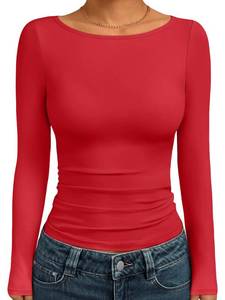 lot 6293 image: Trendy Queen Womenfts Boat Neck Tops Long Sleeve Shirts Casual Fitted Tee Shirts Solid Color Fall Basic Clothes 2026 Red XS